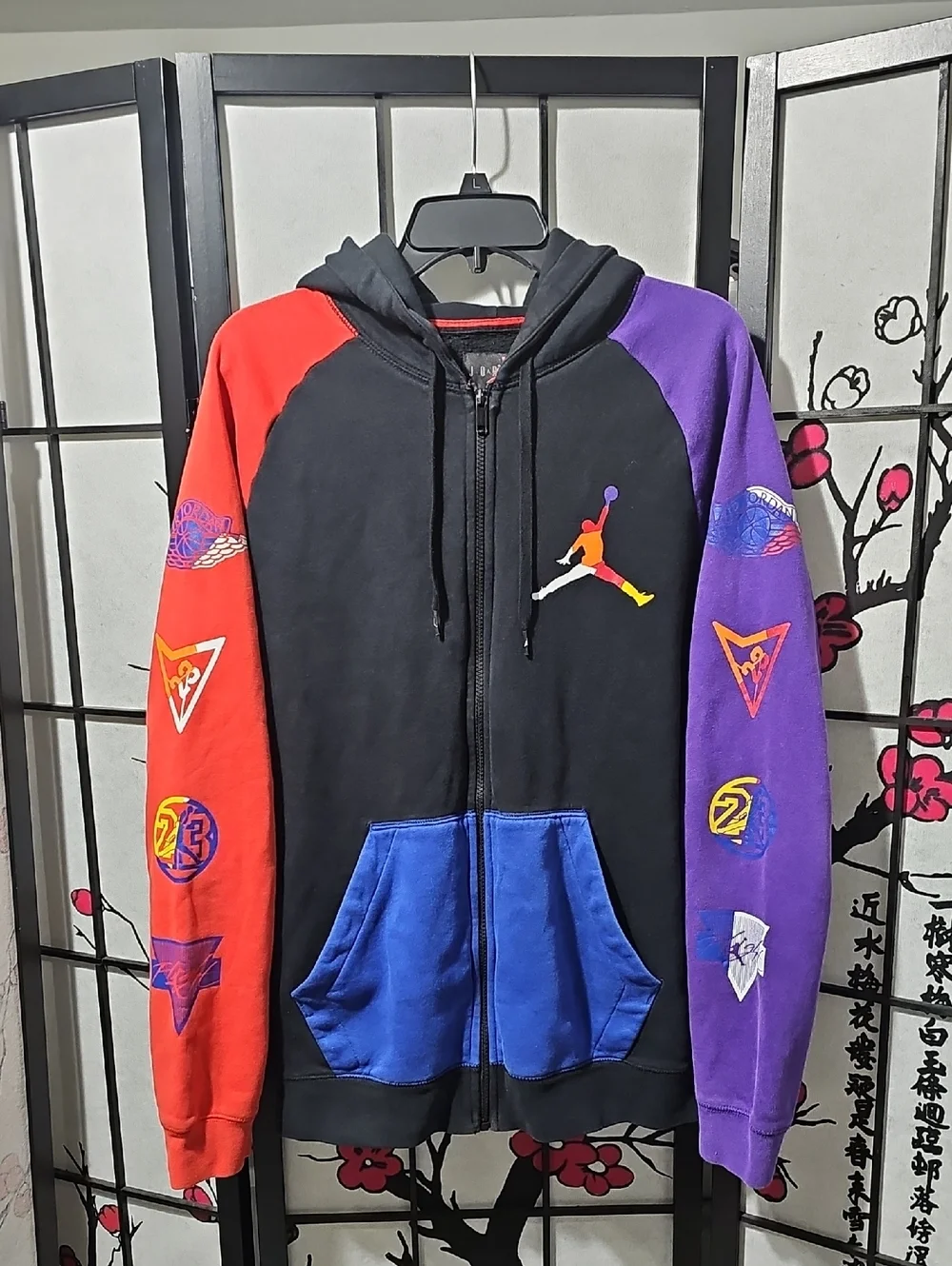 Jordan Black Zip Hoodie with Red and Purple Raglan Sleeves Size Medium
